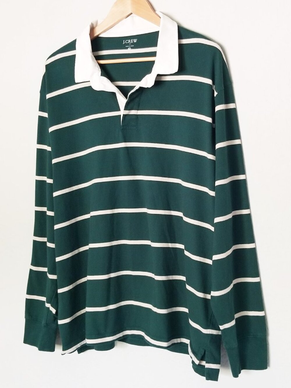 J. Crew Men XXL Striped Rugby Shirt Long Sleeve Forest Green Preppy 100% Cotton